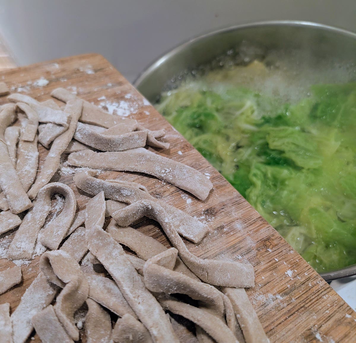 When the water boils again, add the pizzoccheri. Cook them until they are al dente (about 10-13min, but check on progress to avoid over cooking the pasta.