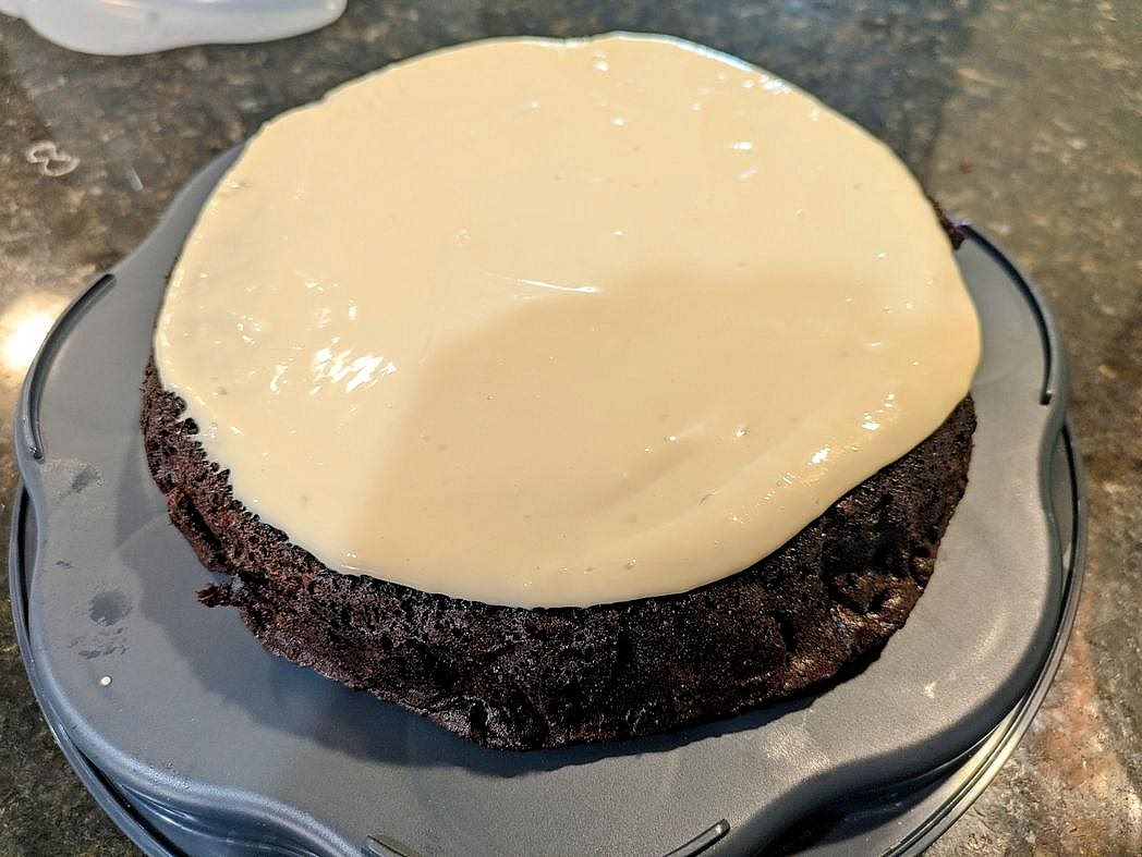 Invert the first layer, and spread the frosting on top . Invert the other layer, add on top, and frost the top of the cake. Optionally sprinkle the top with shredded coconut flakes, chocolate chips, cocoa powder, sprinkles, or whatever you like