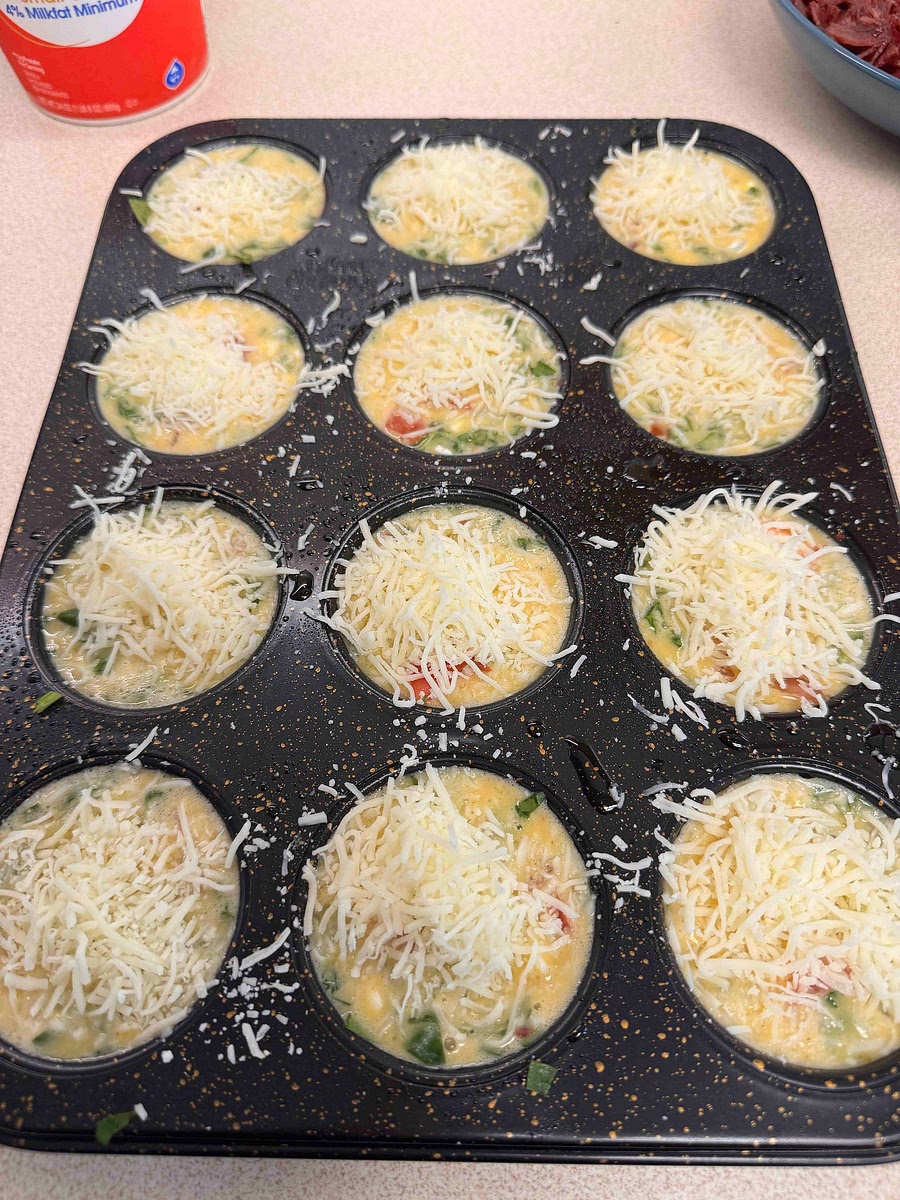 Beat 10 eggs with heavy cream, cottage cheese, and seasonings. Pour egg mixture on top of each cup. Sprinkle Mexican blend cheese on top. Bake for 20 min. Let sit for 5 min then cool on cooling rack.