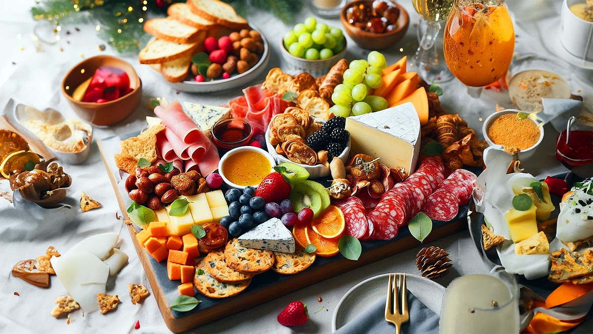 Place open cheese and meats on a board decorated with fruit, bread, jams and crackers - serve with proper utensils and plates for service.