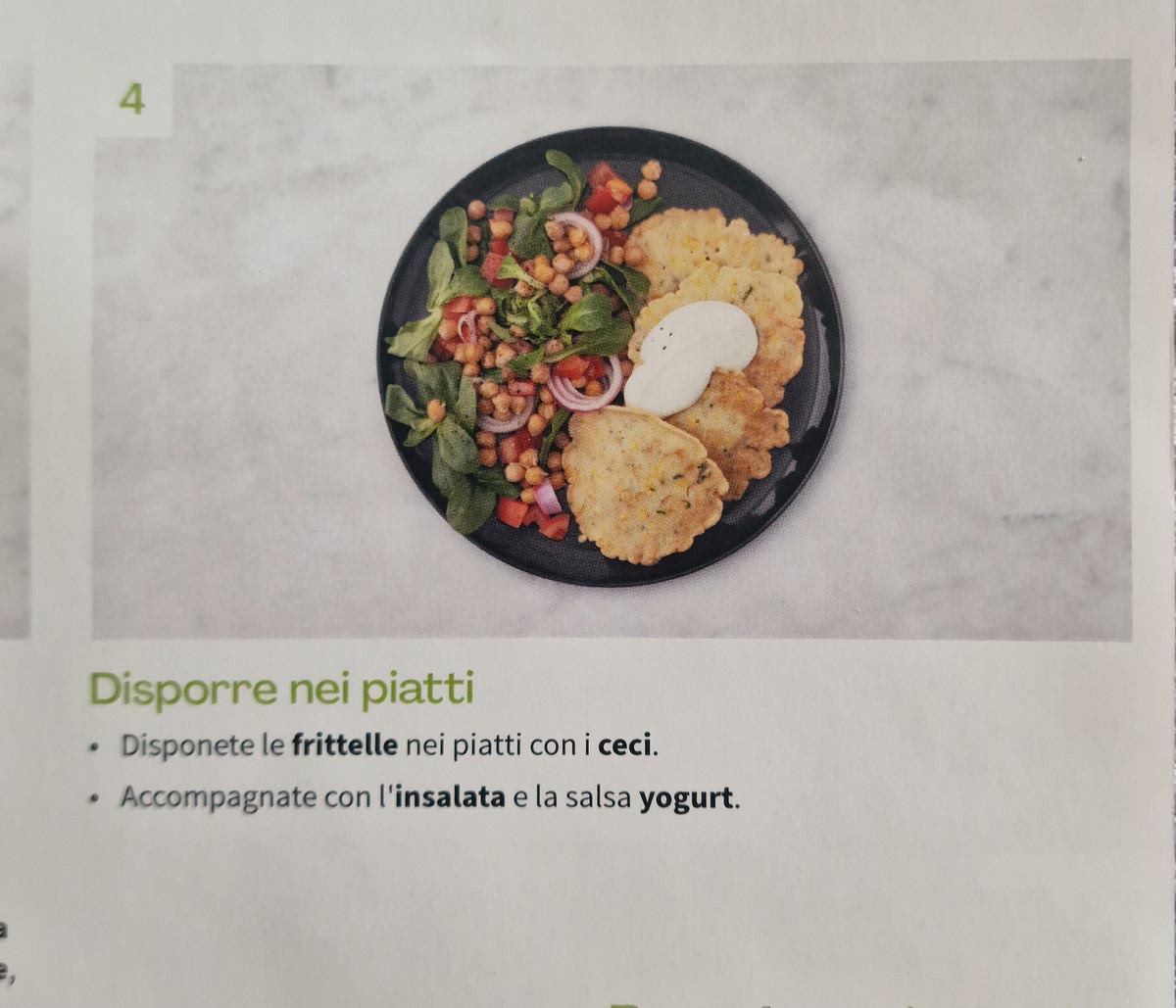 Disporre nei piatti .
Disponete le frittelle nei piatti coni ceci. Accompagnate con l'insalata
.
e
la salsa yogurt.