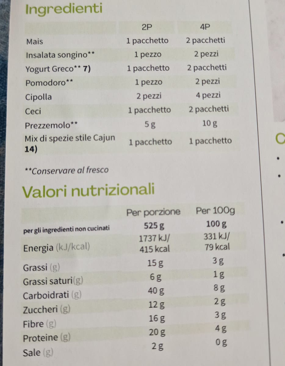 Ingredienti e Valori nutrizionali