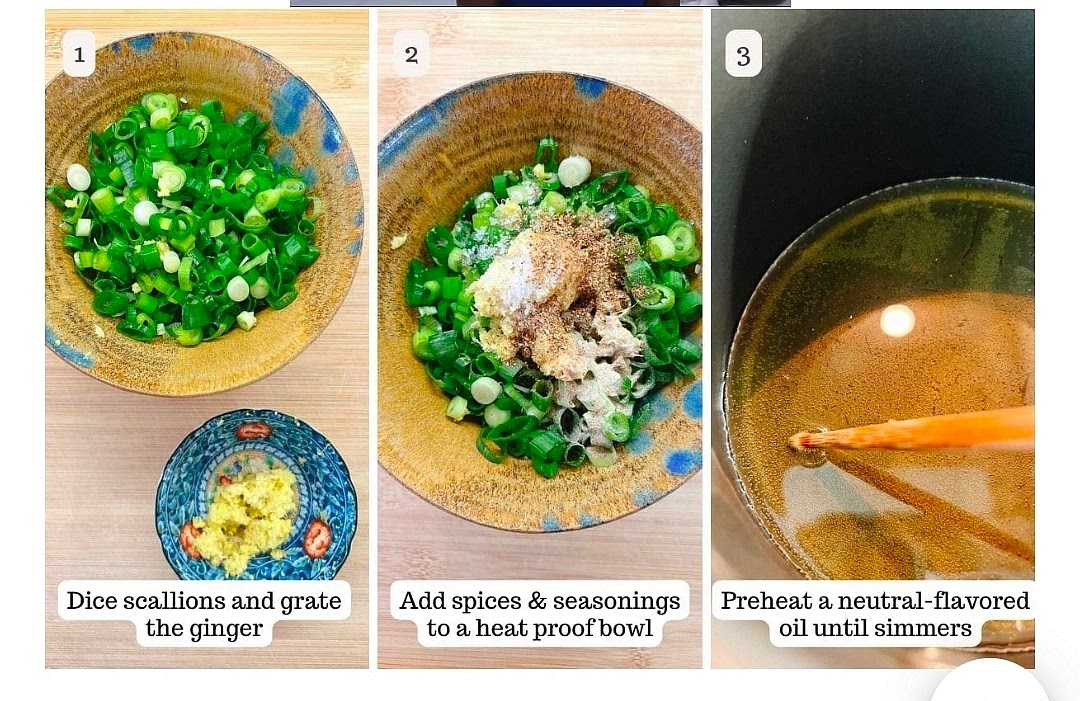 Dice the scallions into small rounds and grate the peeled ginger. Place both into a medium heat-proof bowl, such as a ceramic or oven-safe bowl.