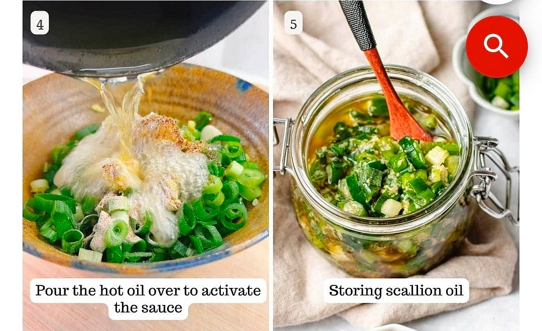 Slowly and carefully pour the hot oil over the scallions and ginger in the bowl. The mixture will sizzle immediately. Stir with a spoon to combine, and let the scallions soften for a few minutes.