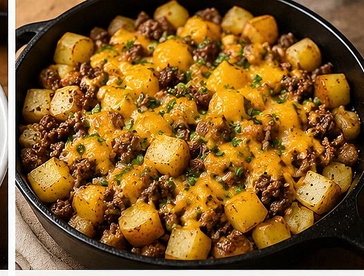 1. Cook the potatoes
Heat oil in a large skillet over medium heat. Add diced potatoes and season lightly with salt, pepper, and paprika if using. Cook for 8–10 minutes, stirring occasionally so they don’t stick.
Add a small splash of water or broth, cover the pan, and let the potatoes steam for 5–8 minutes until they start to soften.
2. Add beef and onion
Add ground beef and chopped onion to the skillet. Break the beef apart as it cooks. Stir everything together.
Cook until the beef is fully browned and the onions are soft. Drain excess grease if needed.
3. Season
Add garlic powder, salt, and pepper. Stir well so everything is evenly coated.
4. Finish cooking
Continue cooking uncovered for a few more minutes so the potatoes finish softening and slightly brown in the pan.
5. Serve
Serve hot as a simple skillet meal