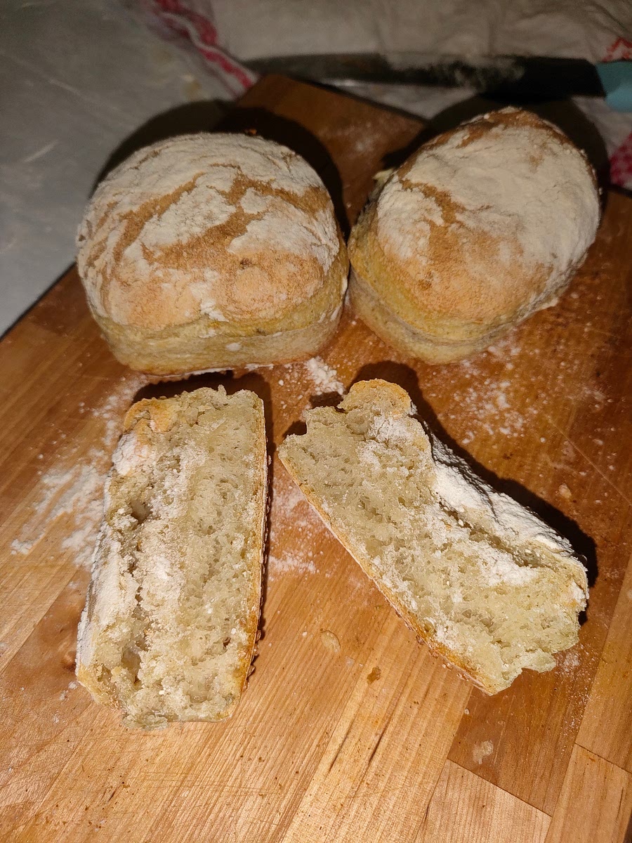 Bread should be golden when done. You can test by cutting the bread in the middle and checking if the inside is still wet.