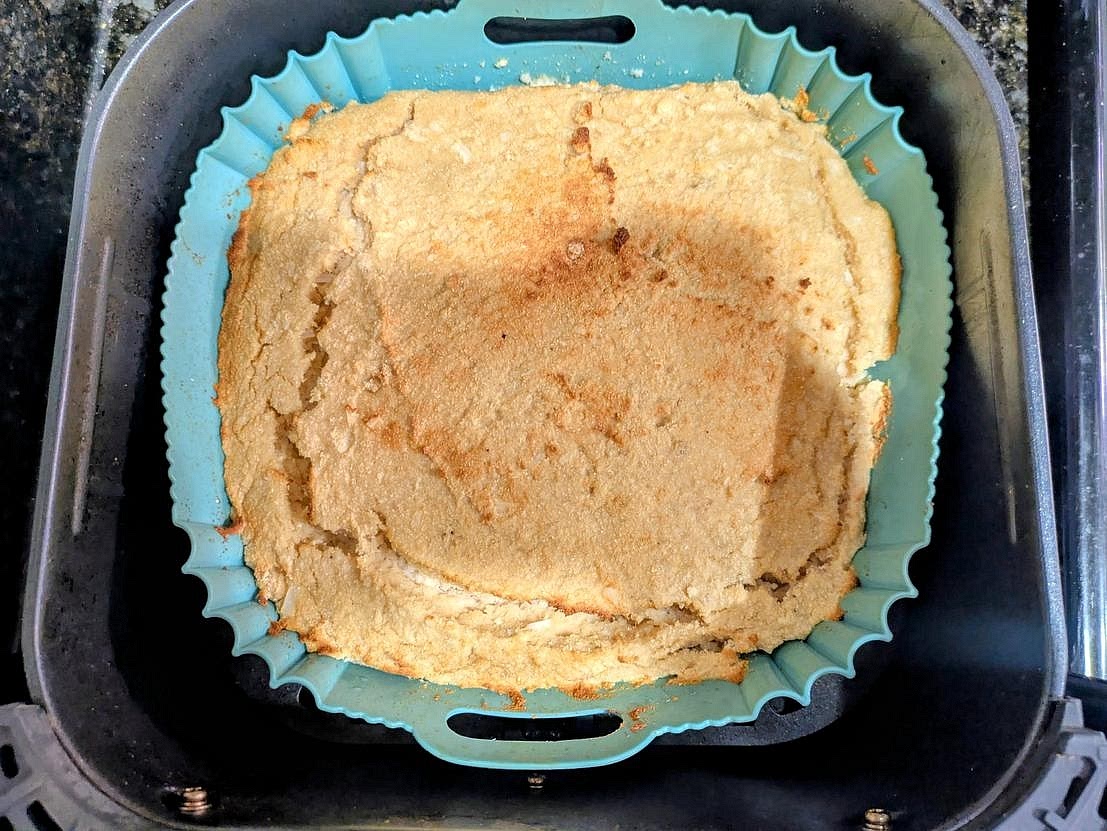 Air fry at 300F for 30 minutes, or until the top is golden brown, and a toothpick to the center comes out clean