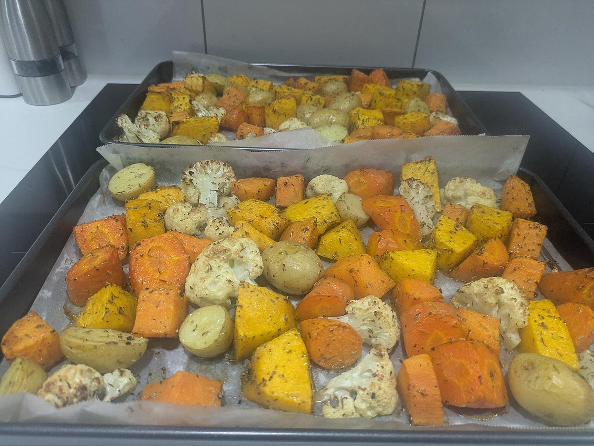Remove from oven and let veggies cool.