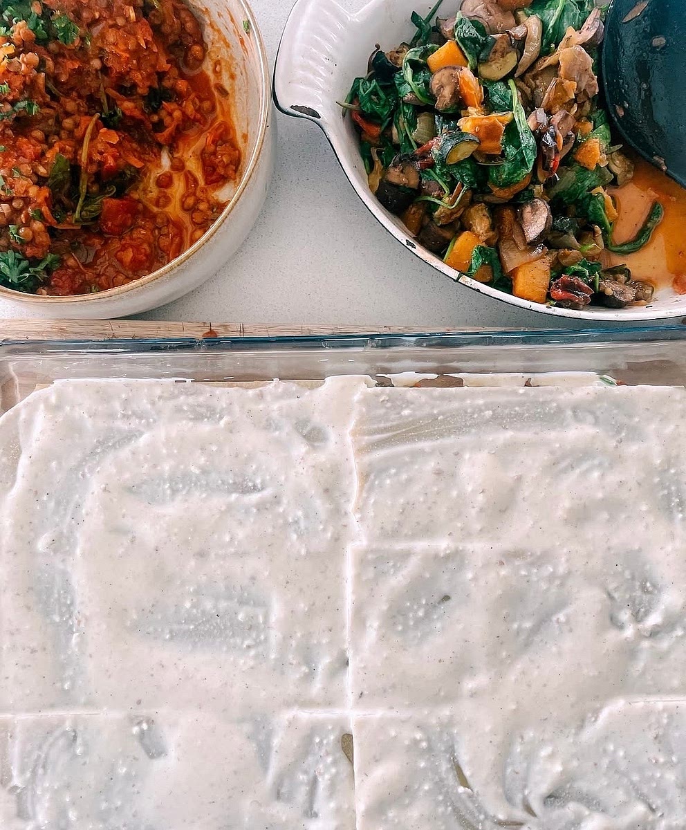 - Layer with tomato-lentil sauce, roasted vegetables and white sauce.