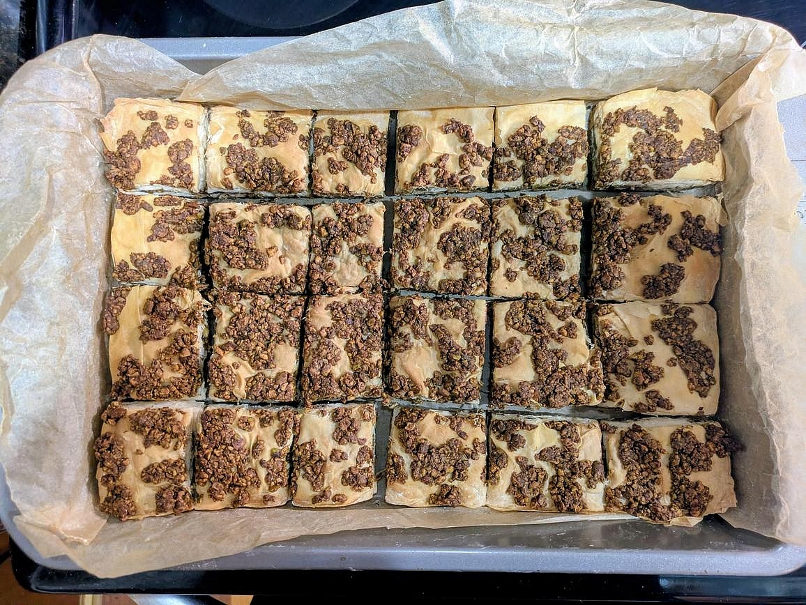 Bake for about 30 minutes at 350F. Lower the oven to 300F, and bake for an additional hour. The top will be lightly browned, dried, and flaky, and the baklava will separate from each other