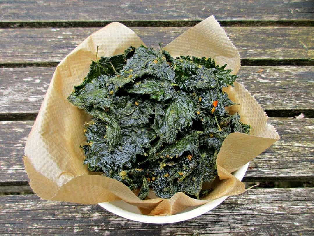 Bake in a low oven at around 130C until they crisp up. How long the nettle crisps take will depend on how much moisture is in the leaves. The nettle crisps shown below took about 25 minutes, and I turned them over once during that time.