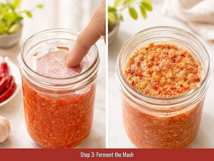 Seal the jars and leave them at room temperature for at least 12 days. Check the jars daily and release excess pressure when necessary. A cloudy liquid indicates active fermentation. Skim off any thin white kahm yeast that develops on the surface. Discard the entire batch if you see fuzzy, colored, or unpleasant-smelling mold.