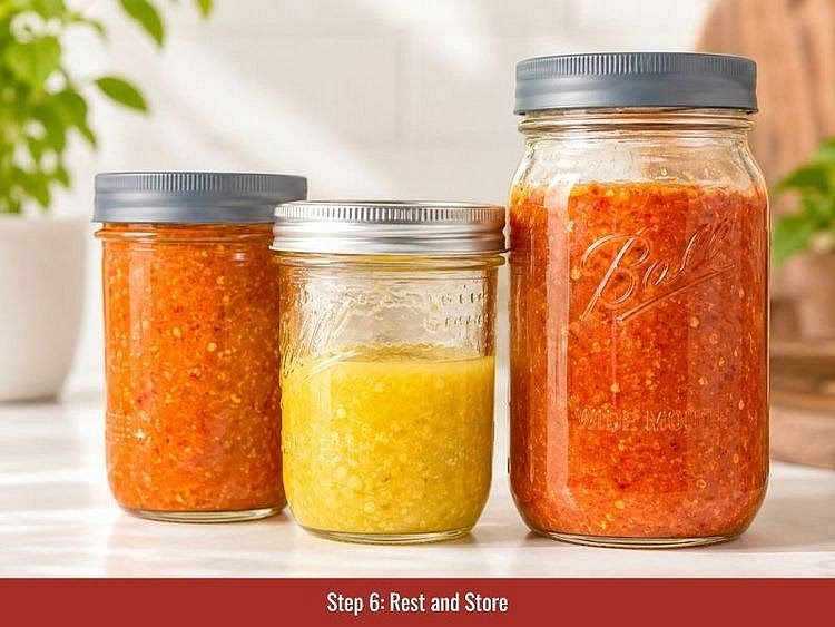 Seal the jars and let the sauce rest for 7 additional days in the refrigerator so the fermented peppers, roasted vegetables, and vinegar can develop a more balanced flavor. Keep the finished hot sauce refrigerated in a sealed glass container. Stir or blend in 1 tbsp (15 ml) of white vinegar if the sauce becomes too thick.