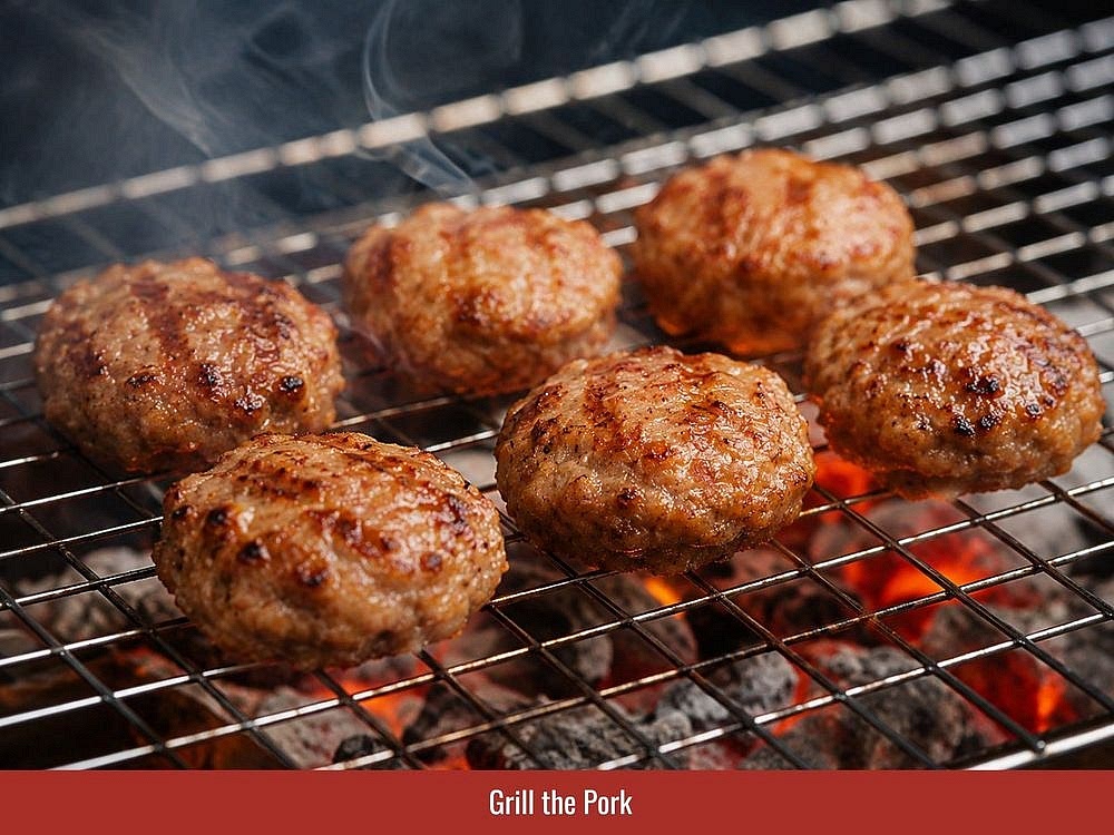 Grill The Pork
Grill the pork patties and pork belly slices separately over hot charcoal. Cook until both sides are golden brown, lightly charred, and fully cooked through. For an oven alternative, arrange the pork on a foil-lined rack and bake at 425°F (220°C) for approximately 10 minutes per batch using both upper and lower heat.