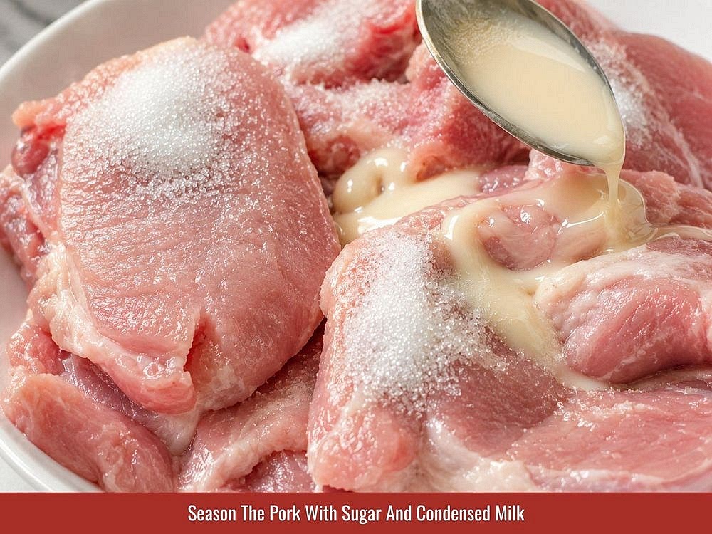 Season The Pork With Sugar And Condensed Milk
Place the pork chops and pork shoulder in a large mixing bowl. Add the sugar and condensed milk, then massage the pork for approximately 1 minute until every piece is evenly coated. Let the pork rest for 10 minutes before adding the remaining marinade.