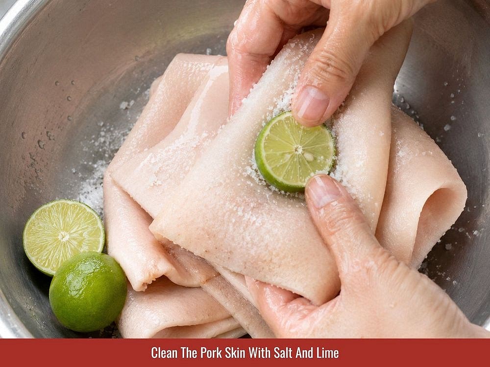 Clean The Pork Skin
Rub the pork skin with salt and lime juice for approximately 1 minute. Scrub the surface with the spent lime halves to remove residue and unwanted odor. Rinse the pork skin under cold water 2–3 times until the water runs clear.