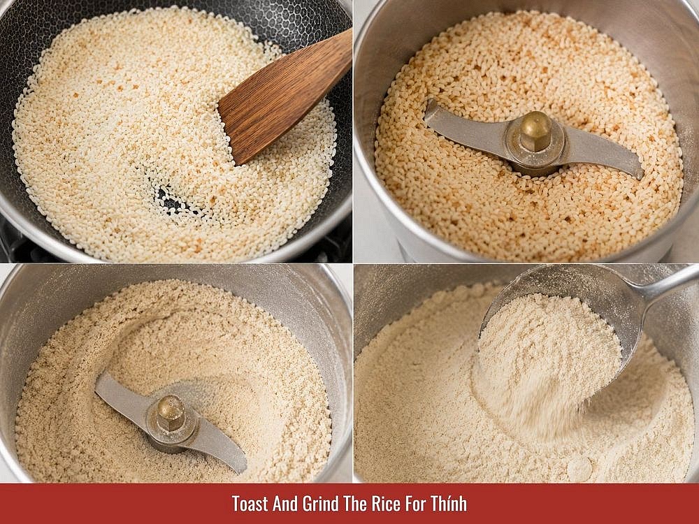 Make The Roasted Rice Powder
Place the raw rice in a dry skillet over medium heat. Stir continuously until the grains become cloudy white with a light golden color and nutty aroma. Remove the rice from the heat before it turns dark. Let it cool, then grind it into a fine powder.