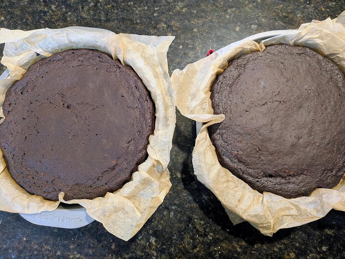 Bake at 350F for about 30 minutes, or until the top is set, the edges are browned, a toothpick to the center comes out clean, and the internal temperature is about 205F. Let the cake cool totally in the pan before removing, about 30 minutes.
