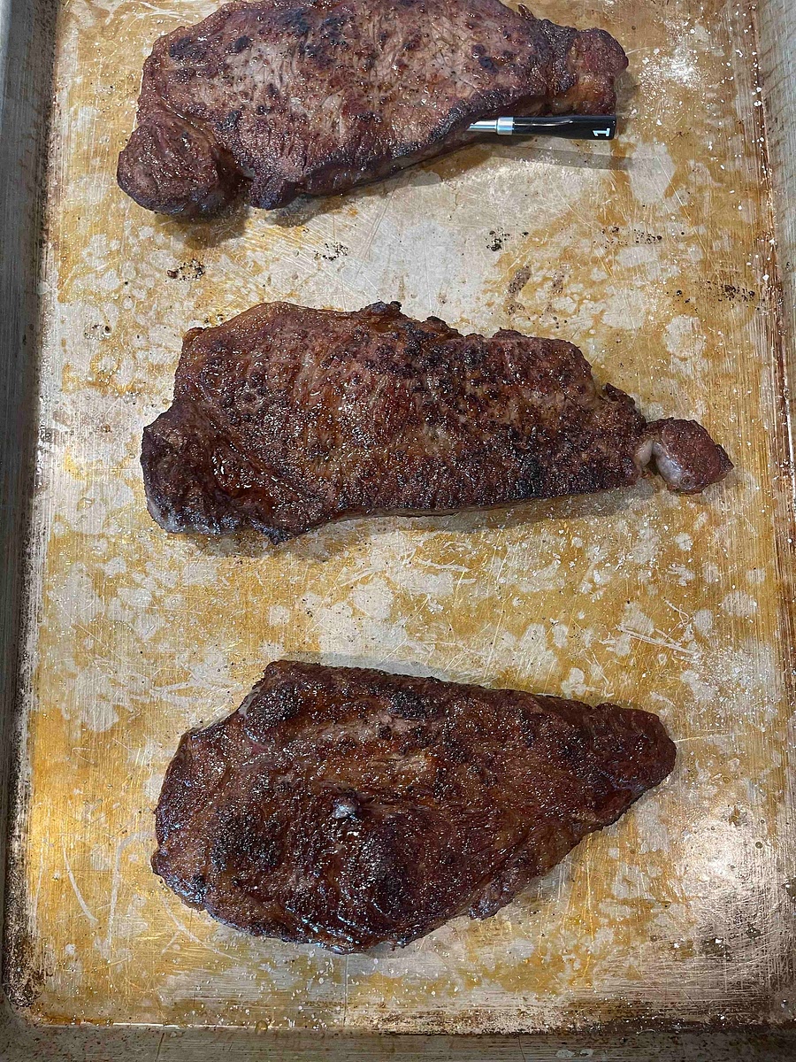 Bake your steak for about 20 minutes. Remove the steak when it’s 5-10 degrees from your desired doneness.