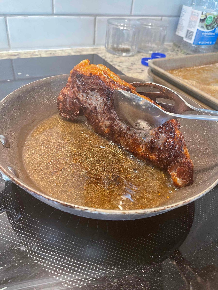 Sear the steak in the oil for one minute on both sides. I also do the sides for about 10 seconds each