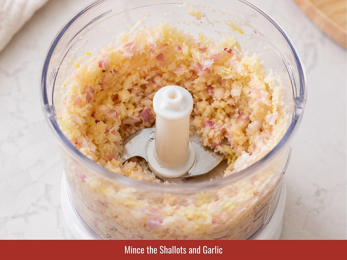 Finely mince shallots and garlic. Reserve a small amount for the dipping sauce and use the remaining aromatics for the pork mixture.