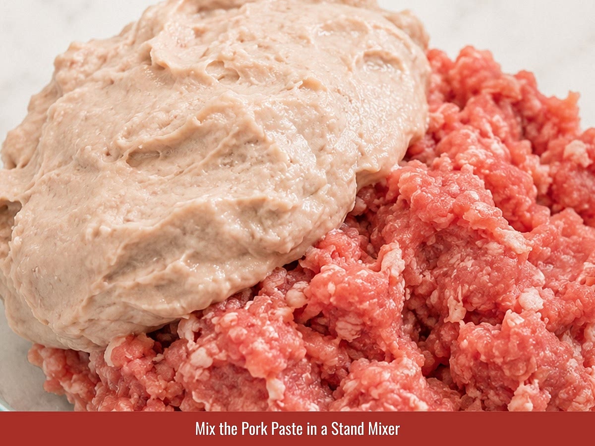 Combine ground pork, giò sống, seasonings, aromatics, tapioca starch, and prepared pork fat. Mix until the mixture becomes sticky, glossy, and cohesive.