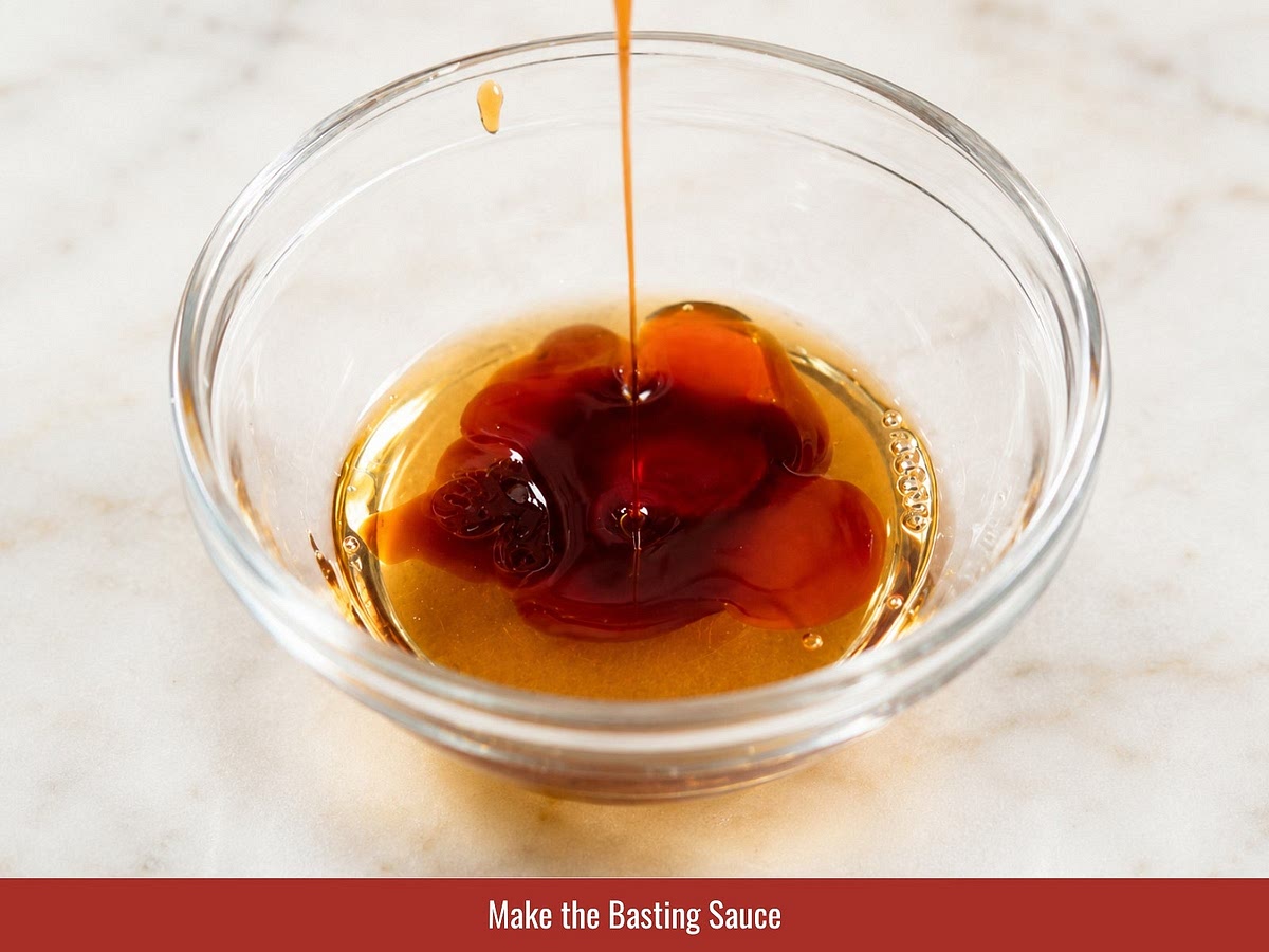 Mix honey, water, oyster sauce, and annatto oil to create the finishing glaze.