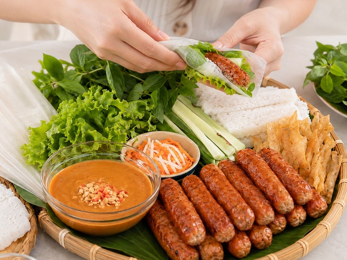 Serve grilled nem nướng with rice paper, bánh hỏi, lettuce, herbs, cucumber, pickled vegetables, and dipping sauce. Wrap the ingredients together before eating.