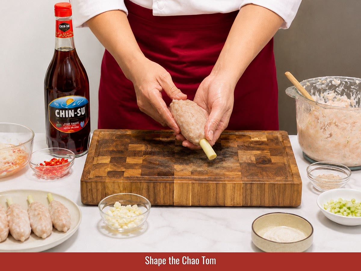 Oil your hands lightly, divide the shrimp paste into portions, flatten each portion, place sugarcane in the center, and mold the paste evenly around the stick.