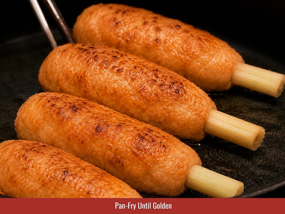 Pan-fry the steamed skewers over medium heat until the surface becomes lightly golden and fragrant. Rotate the skewers to cook evenly.