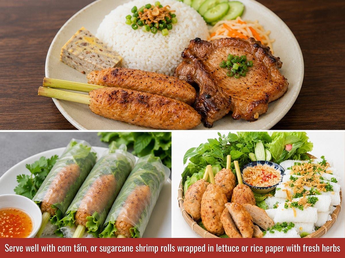 Serve hot chạo tôm with rice paper, bánh hỏi, lettuce, fresh herbs, cucumber, pickled vegetables, and dipping sauce.
