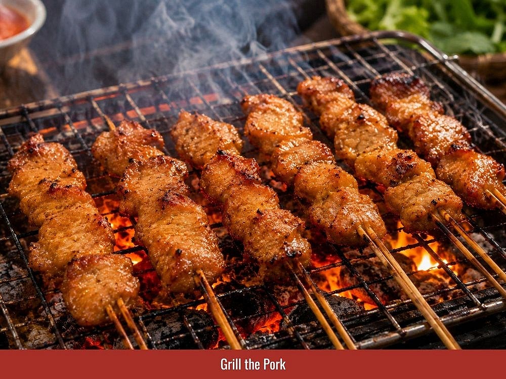 Grill the marinated pork over medium-high heat until caramelized and fully cooked. Turn regularly to create an even golden surface.