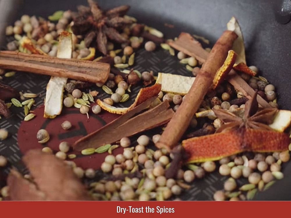 Toast the pho spices briefly until fragrant, then place them in a spice bag before adding them to the broth.