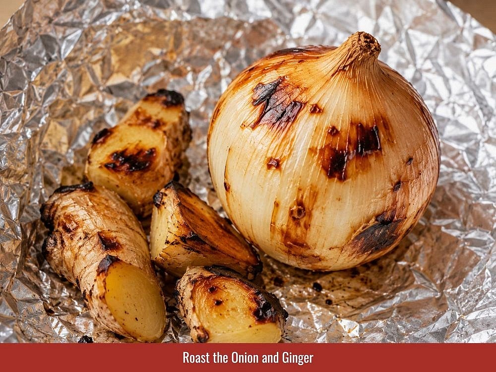Char onion and ginger until lightly blackened and fragrant. Roasting develops sweetness and adds the signature aroma of pho broth.