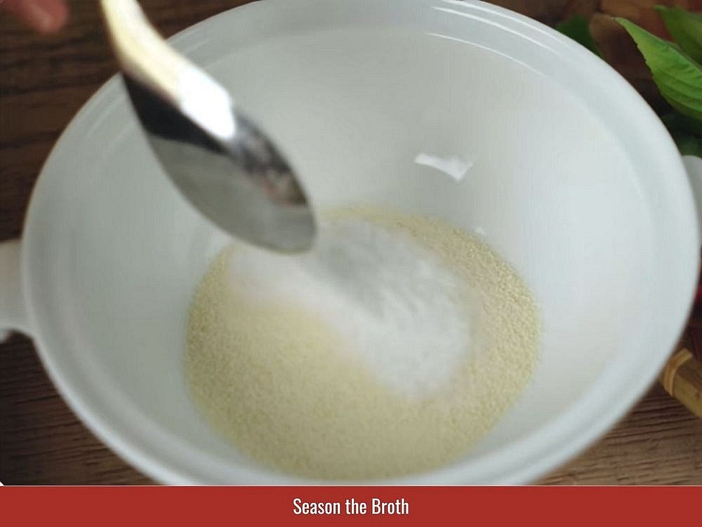 Season the broth with salt, seasoning powder, sugar, MSG, and fish sauce. Adjust until the broth has a balanced savory and slightly sweet flavor.