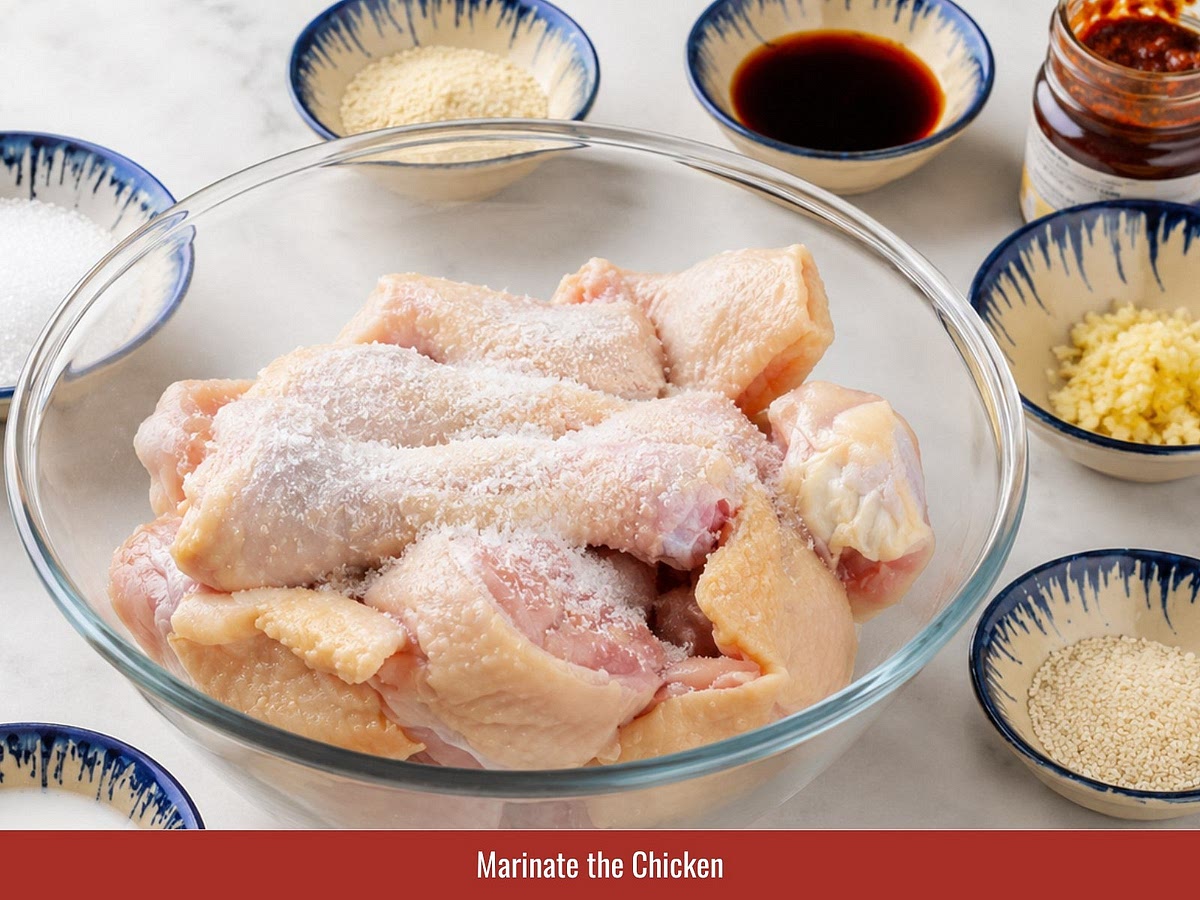 Combine chicken with MSG, salt, sugar, seasoning powder, curry oil, chili paste, garlic-onion juice, milk, and fish sauce. Mix well and refrigerate for at least 30 minutes.