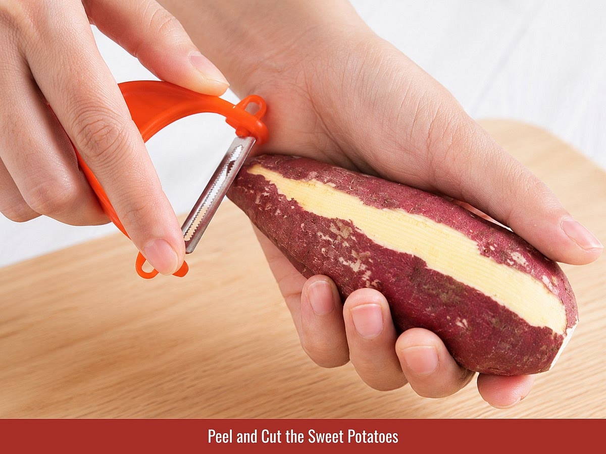 Peel and cut sweet potatoes into chunks. Keep them in lightly salted water until ready to cook to prevent discoloration.
