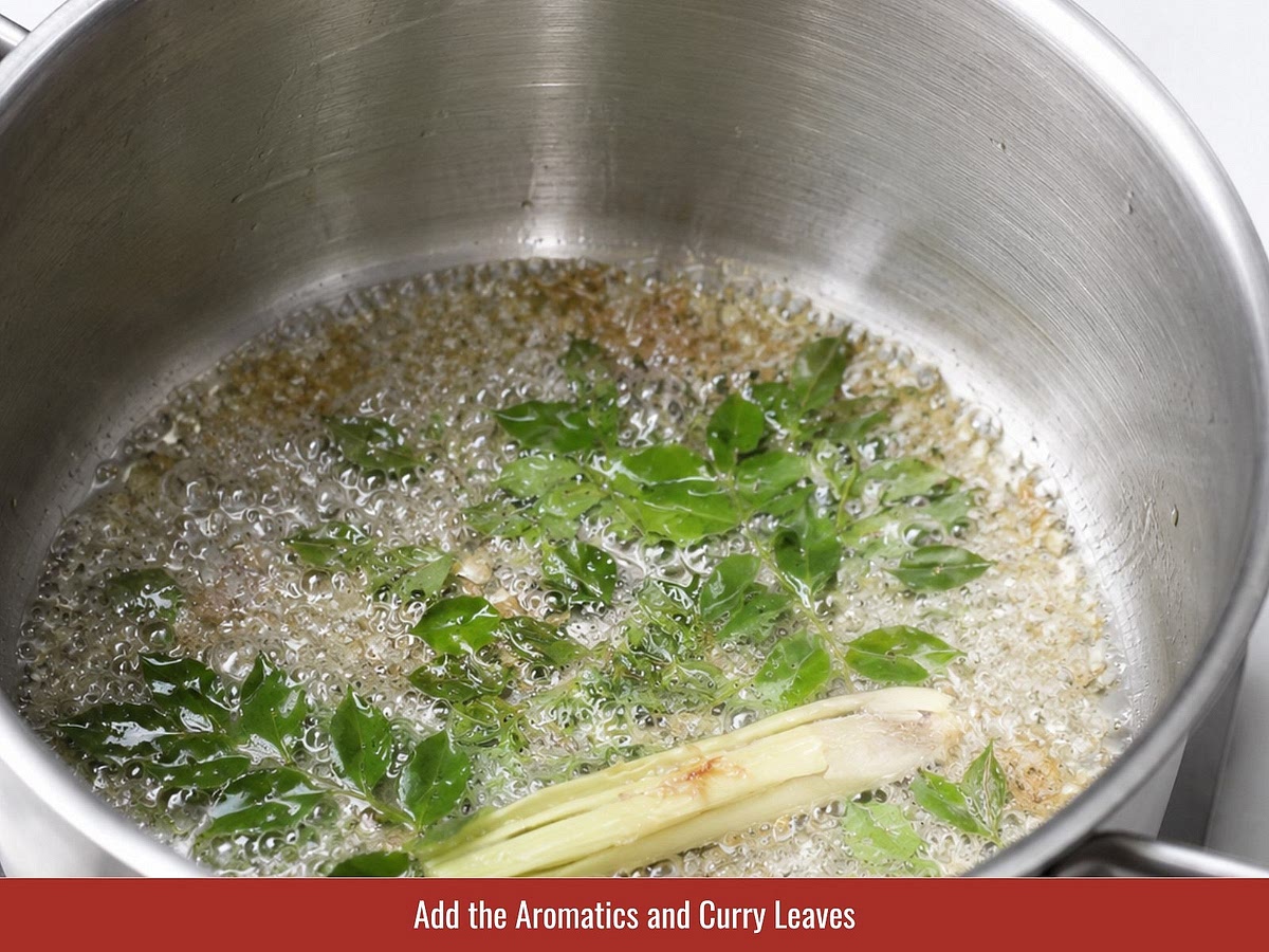 Add curry powder to the aromatics and cook briefly until fragrant. This releases the spice aroma and creates the curry's golden color.