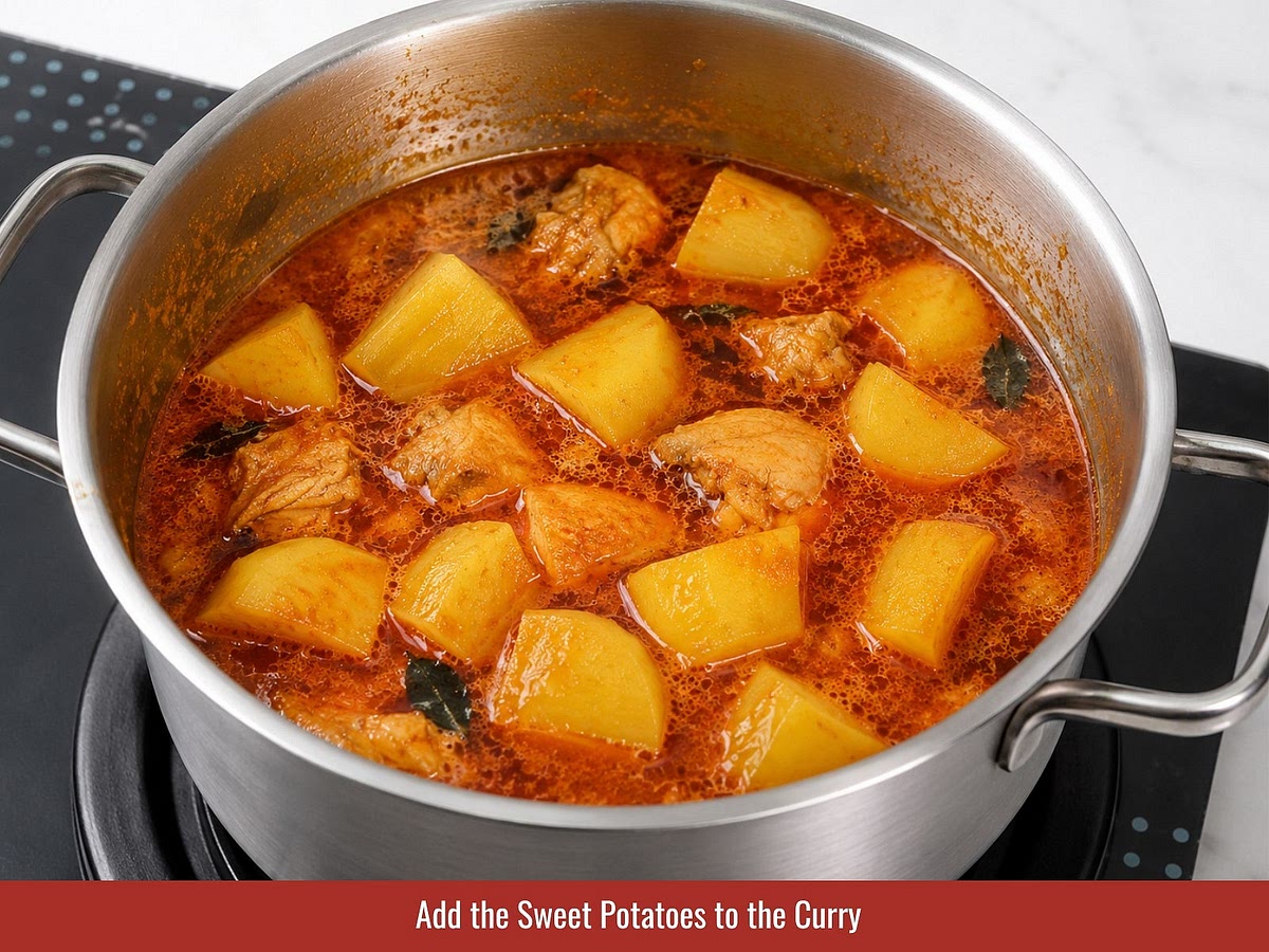 Mix condensed milk, coconut milk, and coconut cream powder. Add the mixture to the curry and stir gently.
