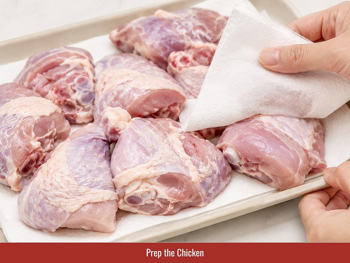Pat the chicken pieces dry with paper towels, then cut them into bite-sized chunks. Dry chicken absorbs the marinade better and helps create a better surface during searing.