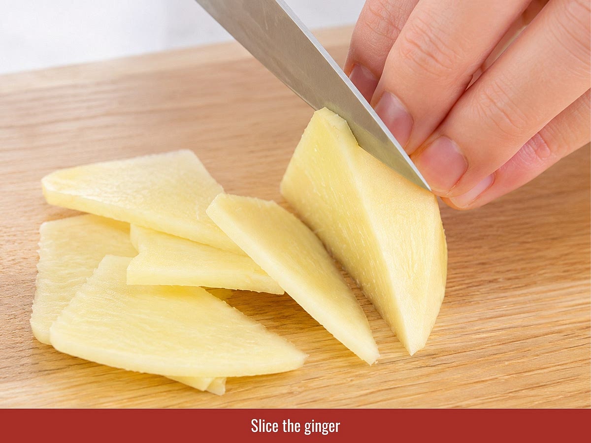 Peel the ginger and divide it into two portions. Slice most of the ginger into thin matchsticks for the braising sauce and mince the remaining ginger for the marinade.