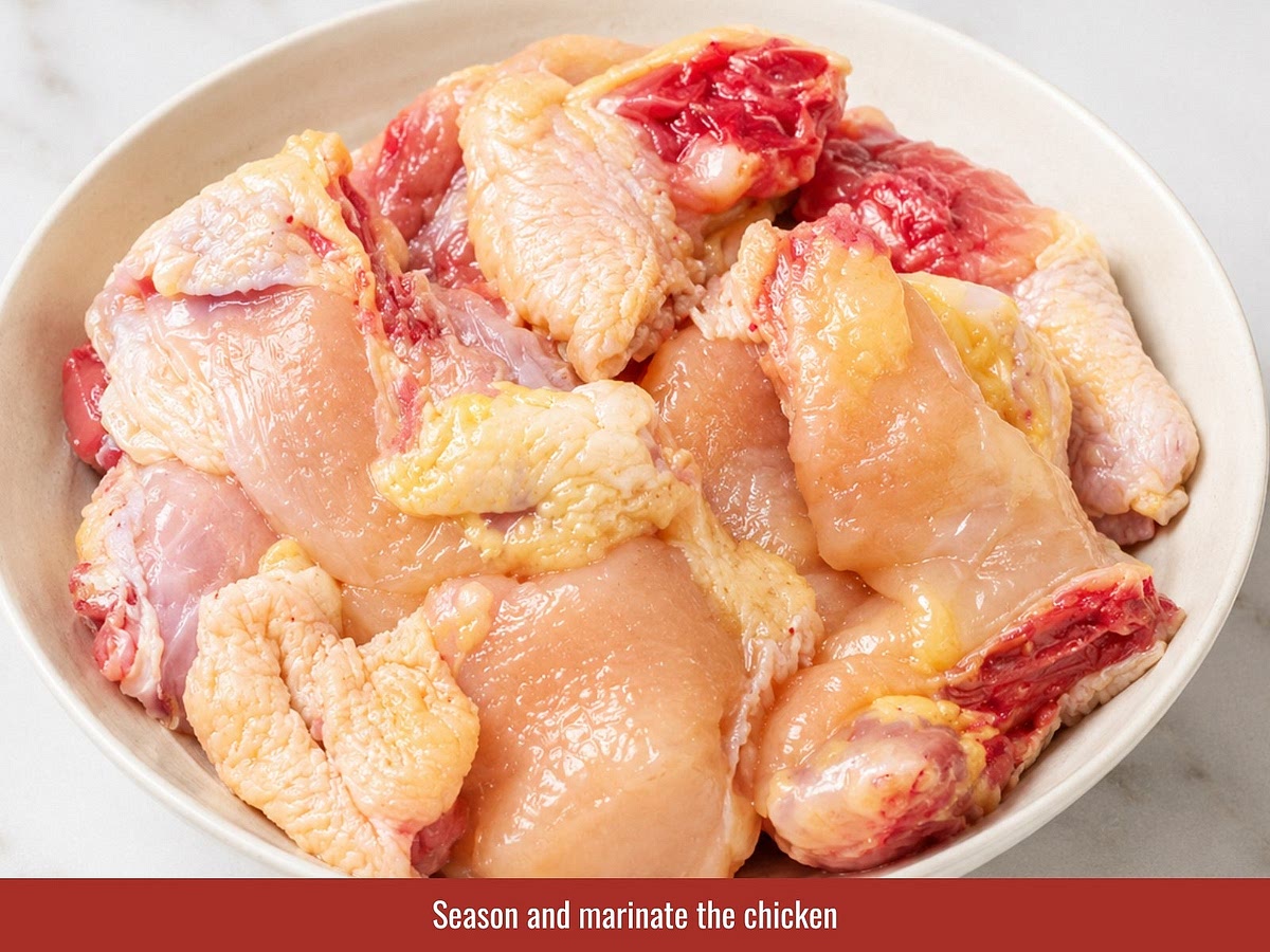 Combine chicken with salt, sugar, seasoning powder, fish sauce, caramel sauce, black pepper, MSG, minced ginger, shallots, and garlic. Mix until evenly coated and refrigerate before cooking.