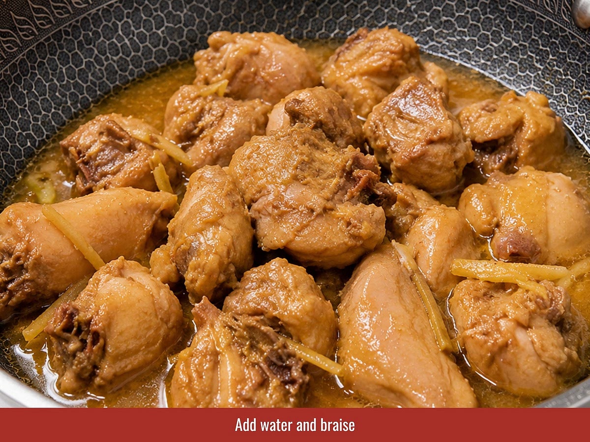 Add water, fish sauce, and chicken bouillon powder. Cover and simmer gently until the chicken becomes tender and absorbs the ginger caramel flavor.