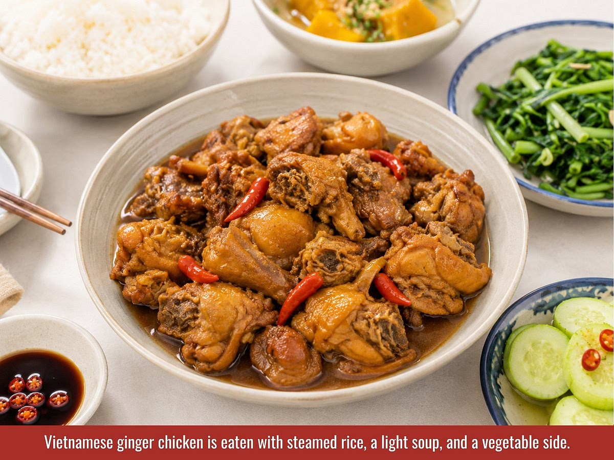 Finish with sliced green onions or cilantro and serve the ginger chicken hot with steamed jasmine rice.