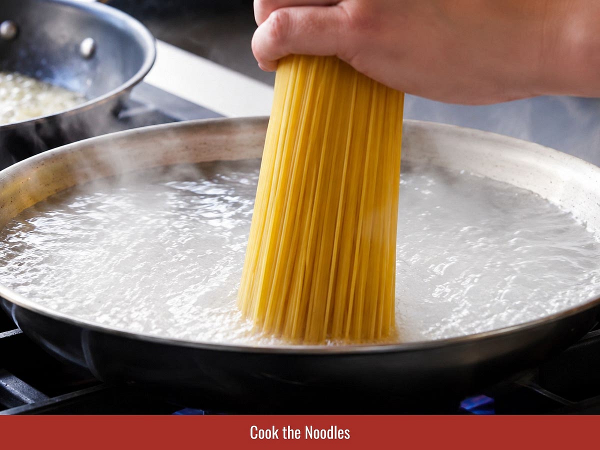 Cook noodles in salted boiling water until al dente according to package instructions. Reserve noodle cooking water before draining because the starch helps create a smooth sauce.