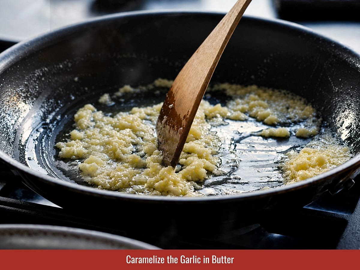 Melt butter in a skillet over medium heat. Add sliced garlic and cook until pale golden and fragrant while avoiding high heat that can burn the garlic.