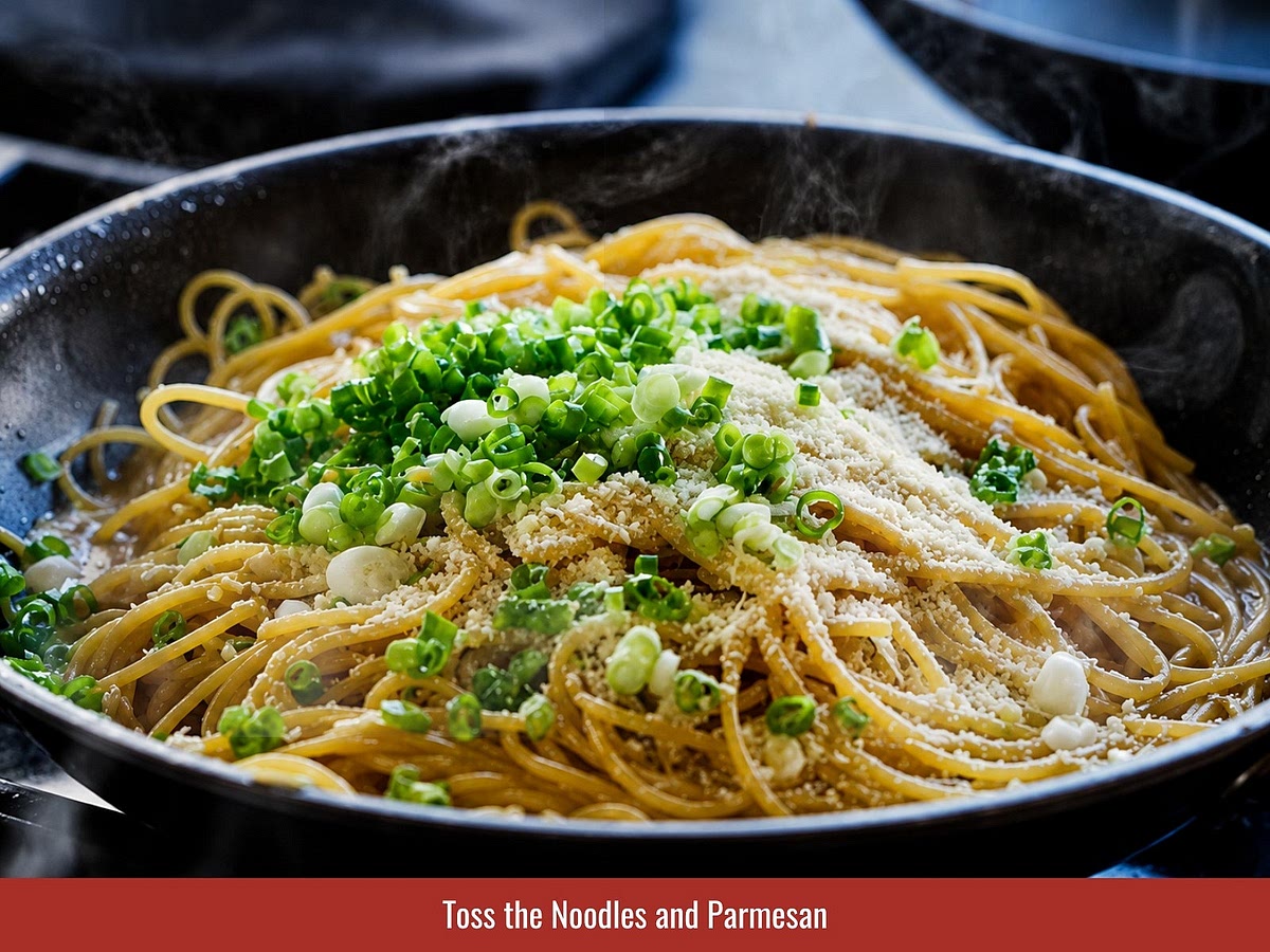 Reduce heat and add cooked noodles, Parmesan cheese, and reserved noodle water. Toss until the butter, cheese, and cooking water create a glossy sauce coating every noodle strand.