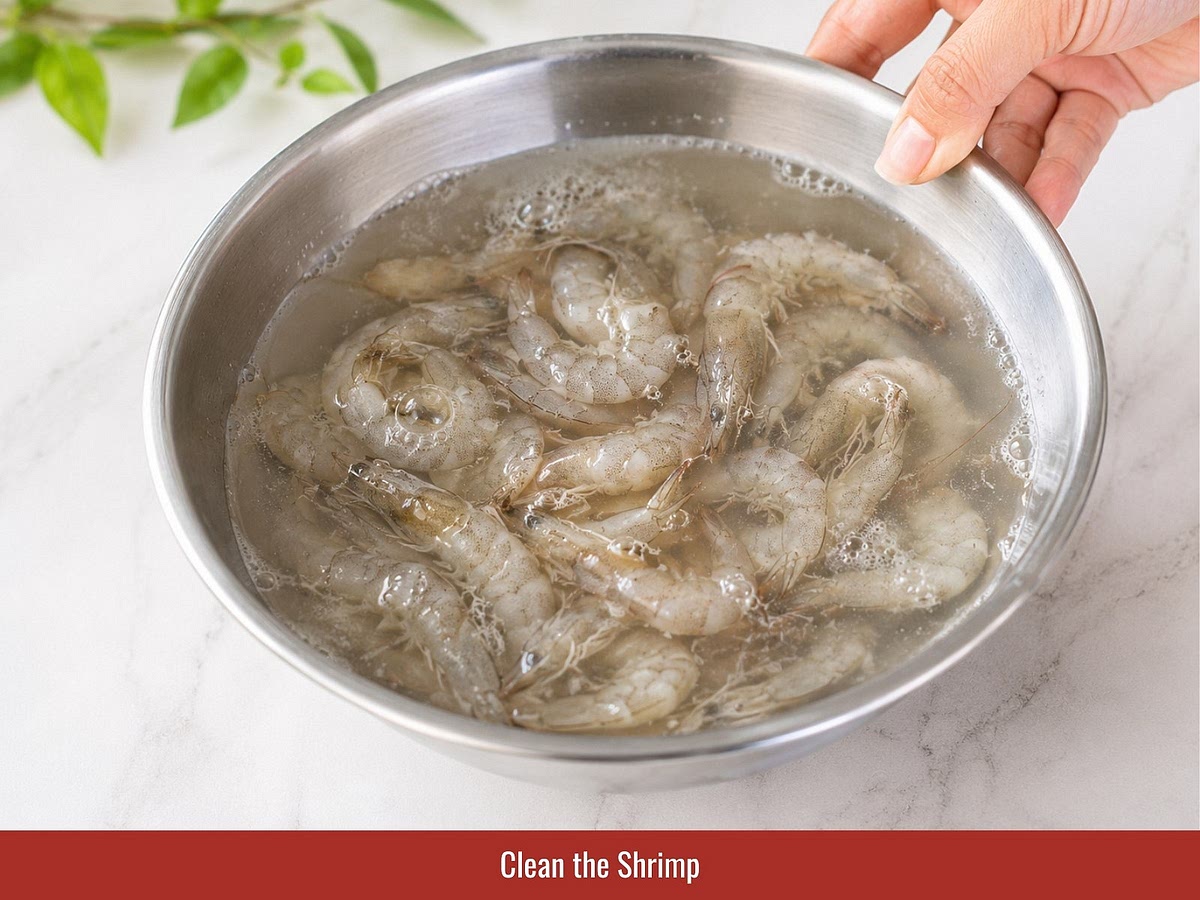 Soak shrimp briefly with salt water, rinse with rice wine, then wash again with plain water. Drain thoroughly before cooking.