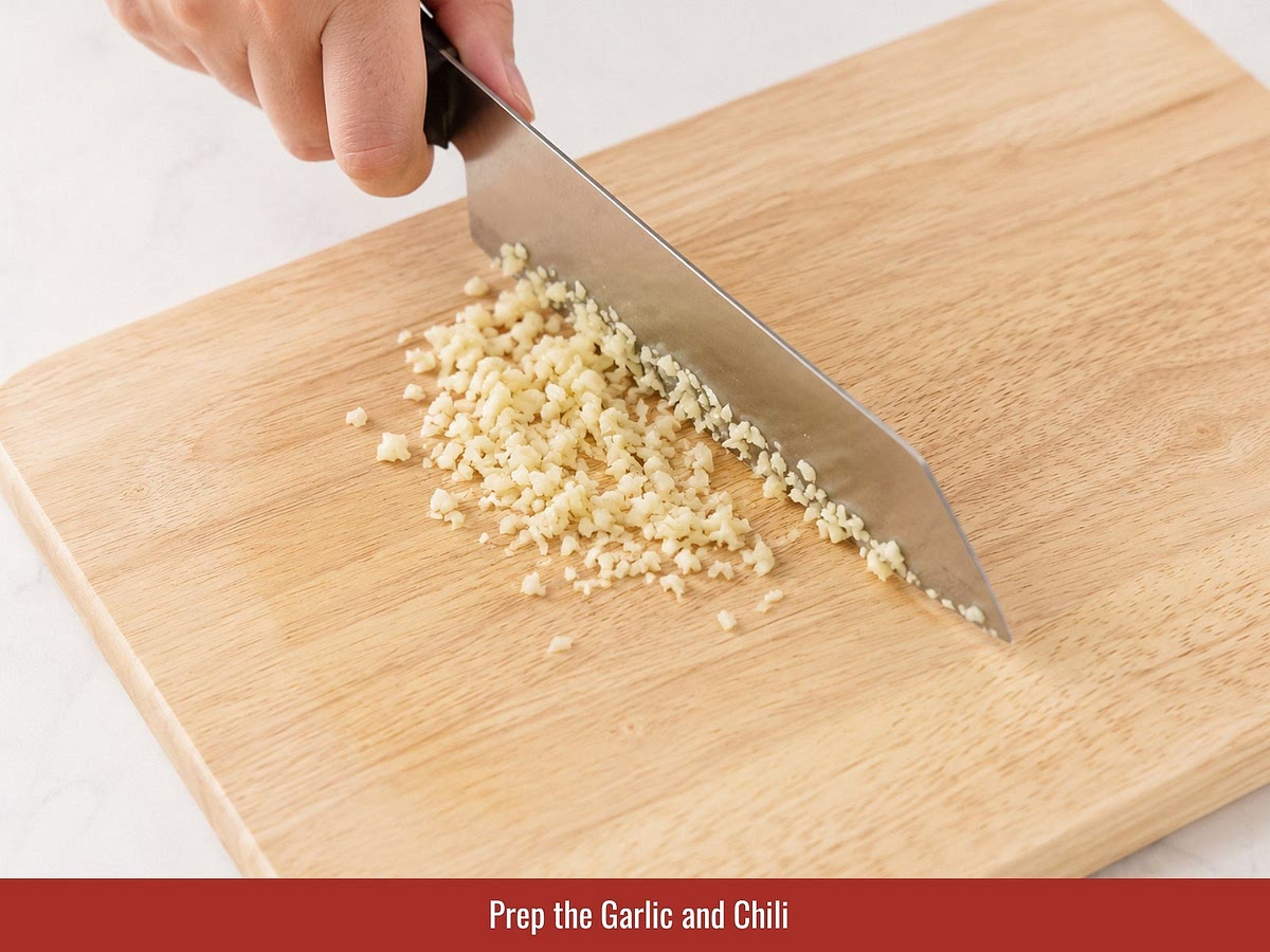 Crush and roughly chop garlic. Slice fresh chili into thin rounds and remove seeds if a milder flavor is preferred.