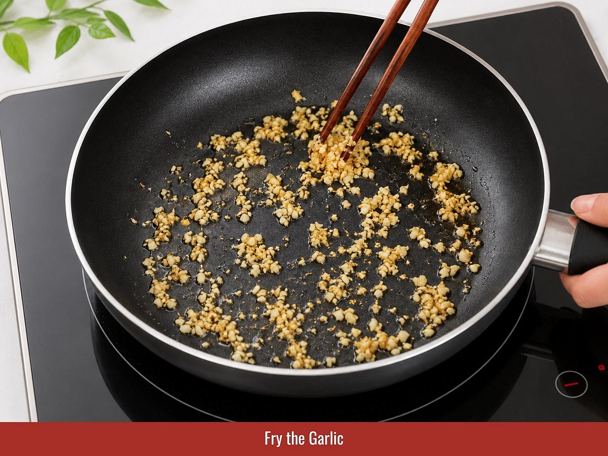 Heat oil in a skillet and fry garlic until pale golden and fragrant. Remove part of the fried garlic for topping while keeping the remaining garlic oil in the pan.